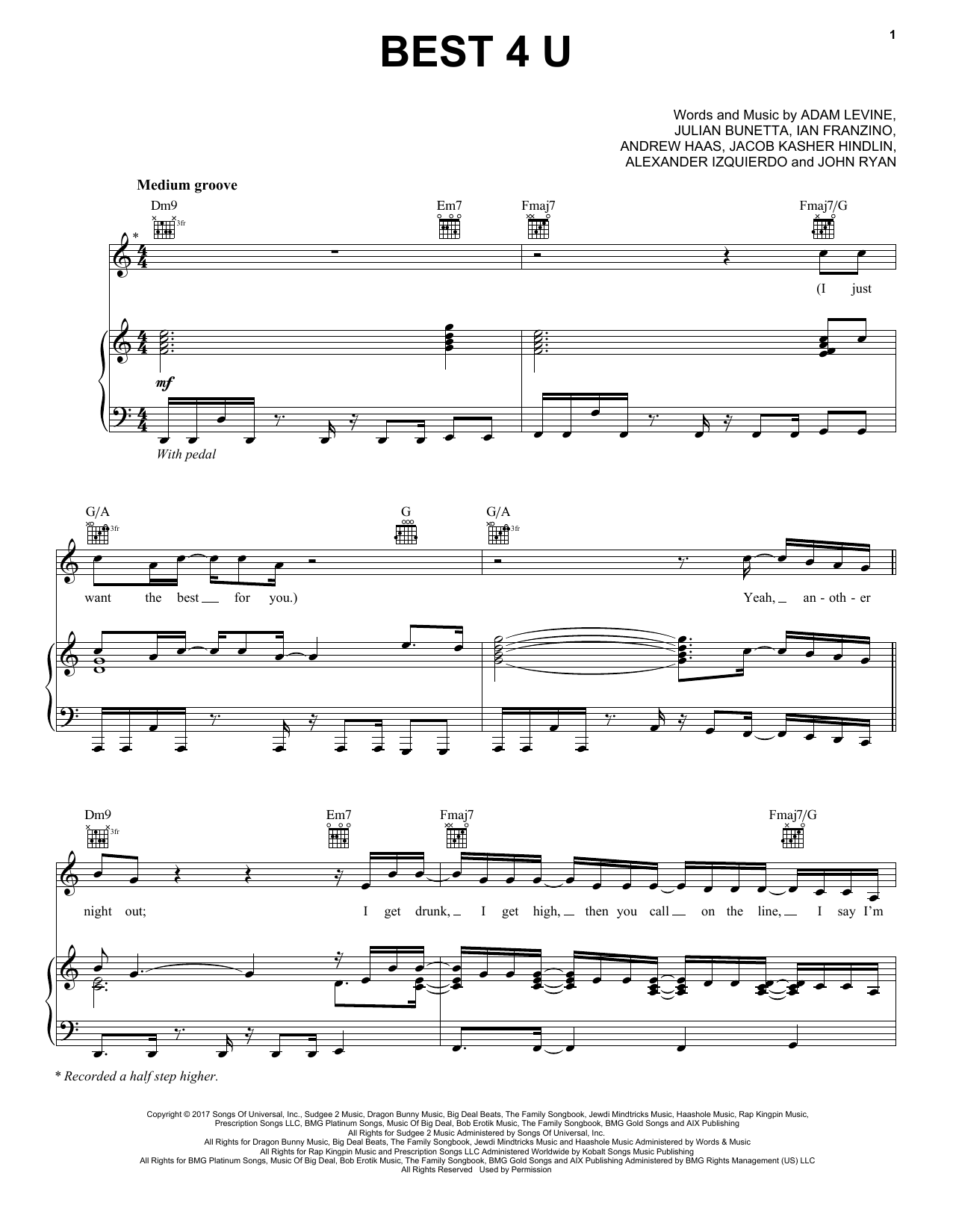 Maroon 5 Best 4 U sheet music notes and chords arranged for Piano, Vocal & Guitar Chords (Right-Hand Melody)