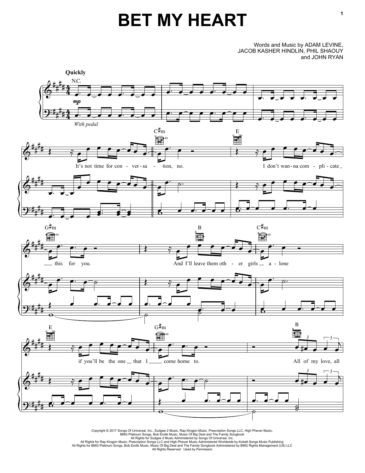 Maroon 5 Bet My Heart sheet music notes and chords arranged for Piano, Vocal & Guitar Chords (Right-Hand Melody)