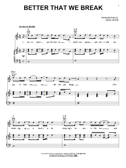 Maroon 5 Better That We Break sheet music notes and chords arranged for Guitar Tab