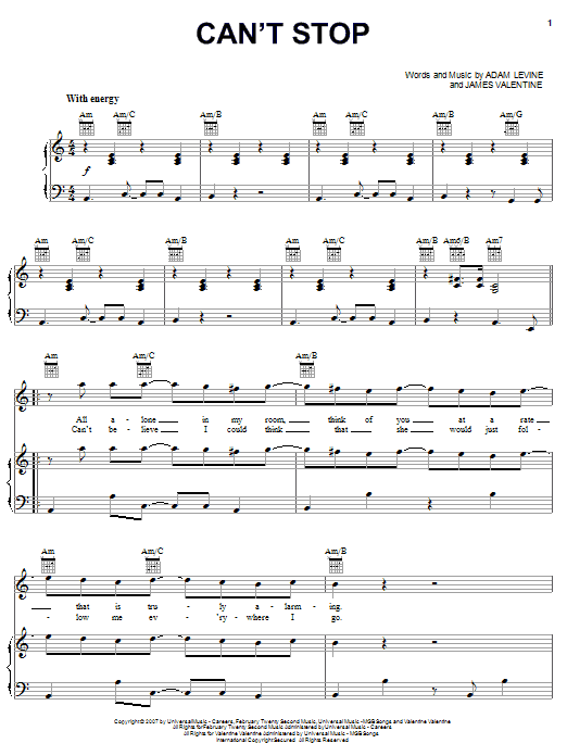 Maroon 5 Can't Stop sheet music notes and chords arranged for Piano, Vocal & Guitar Chords (Right-Hand Melody)