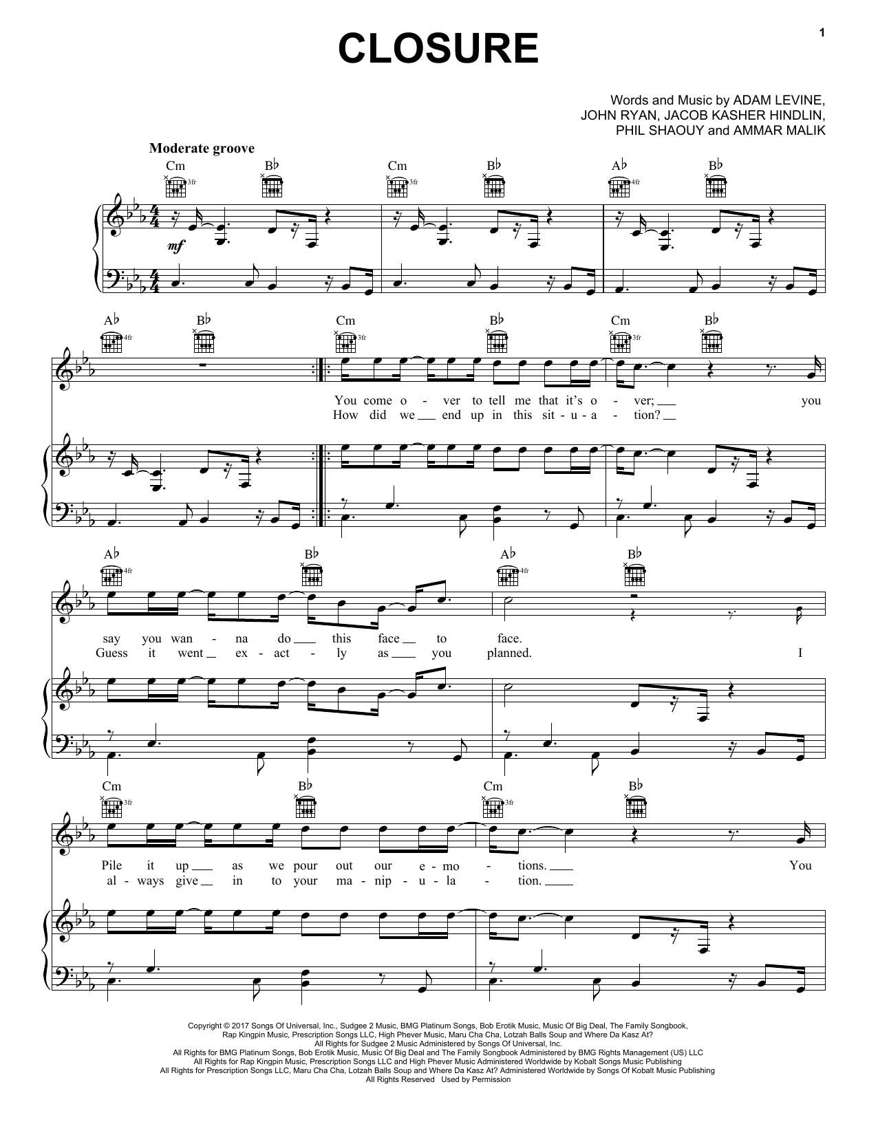 Maroon 5 Closure sheet music notes and chords arranged for Piano, Vocal & Guitar Chords (Right-Hand Melody)