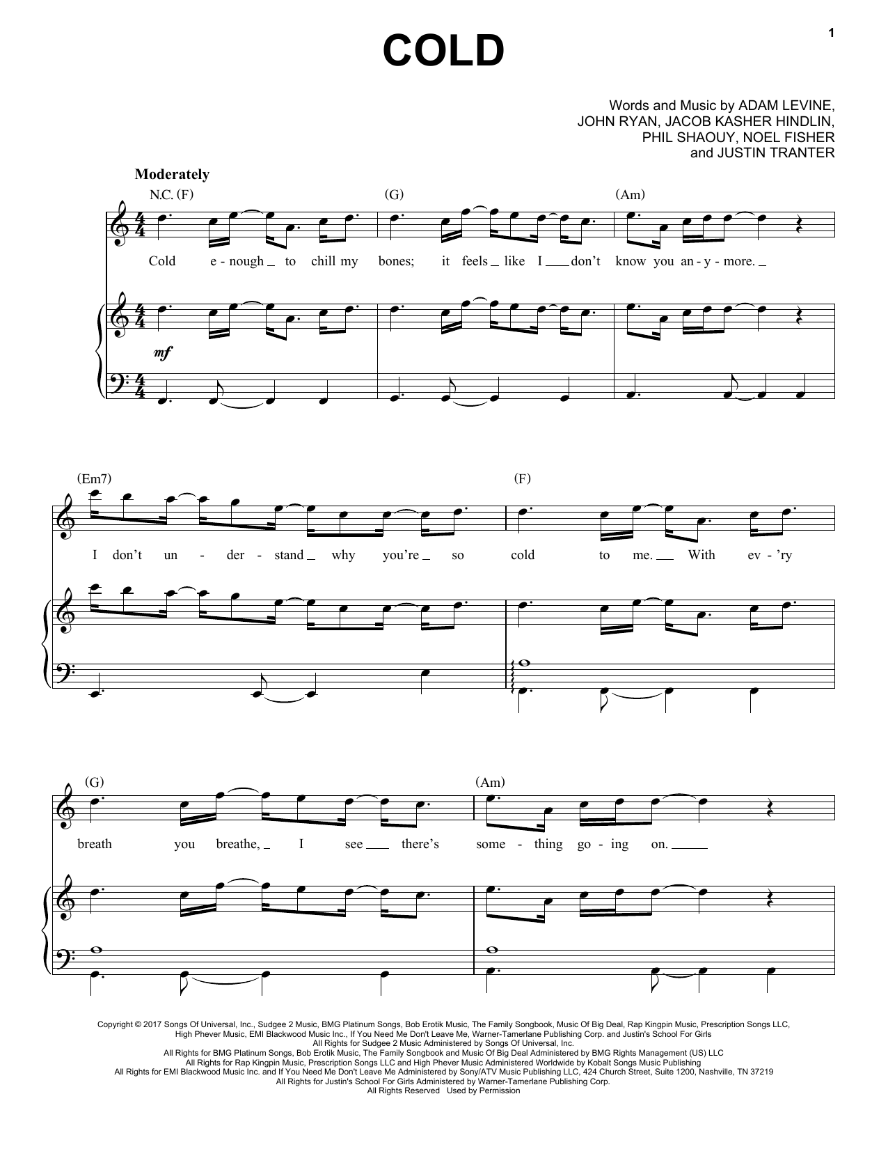 Maroon 5 Cold sheet music notes and chords arranged for Piano, Vocal & Guitar Chords (Right-Hand Melody)