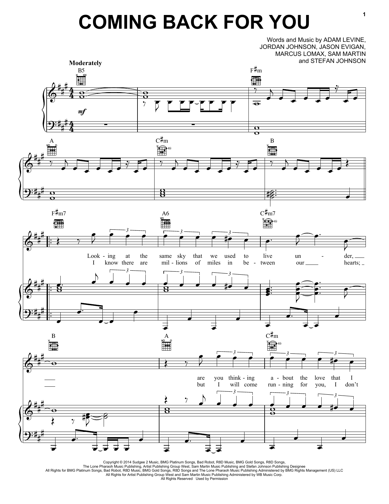 Maroon 5 Coming Back For You sheet music notes and chords arranged for Piano, Vocal & Guitar Chords (Right-Hand Melody)