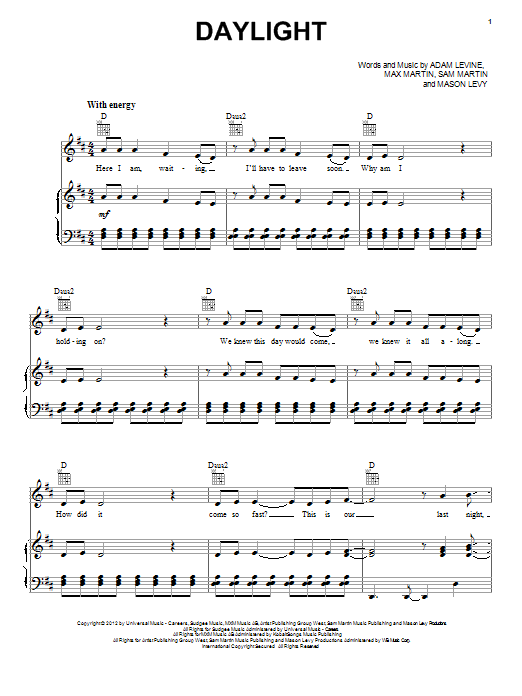Maroon 5 Daylight sheet music notes and chords arranged for Easy Guitar Tab