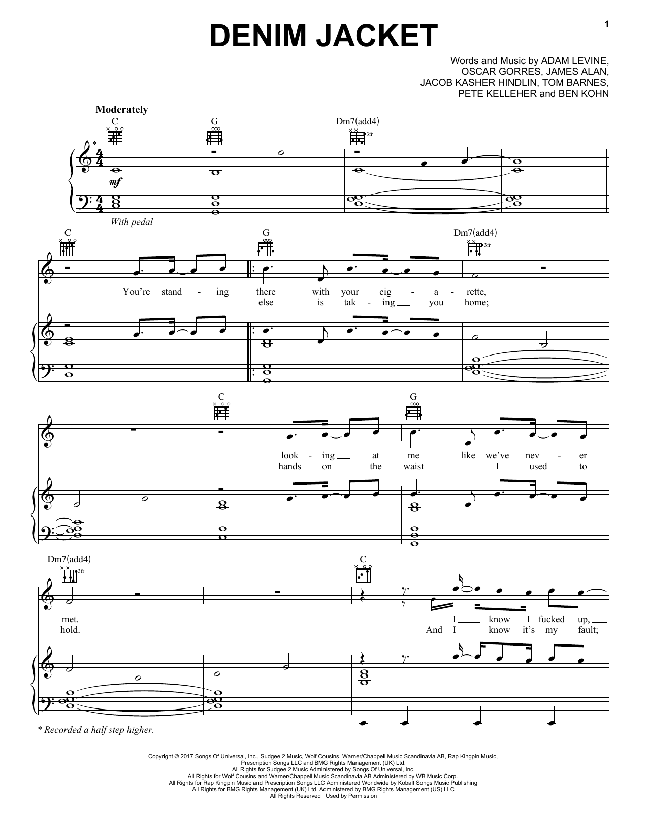 Maroon 5 Denim Jacket sheet music notes and chords arranged for Piano, Vocal & Guitar Chords (Right-Hand Melody)
