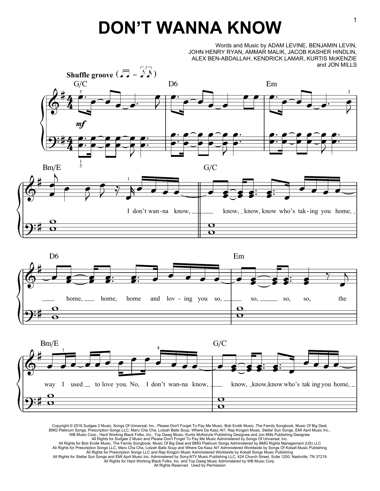Maroon 5 Don't Wanna Know (feat. Kendrick Lamar) sheet music notes and chords arranged for Easy Piano