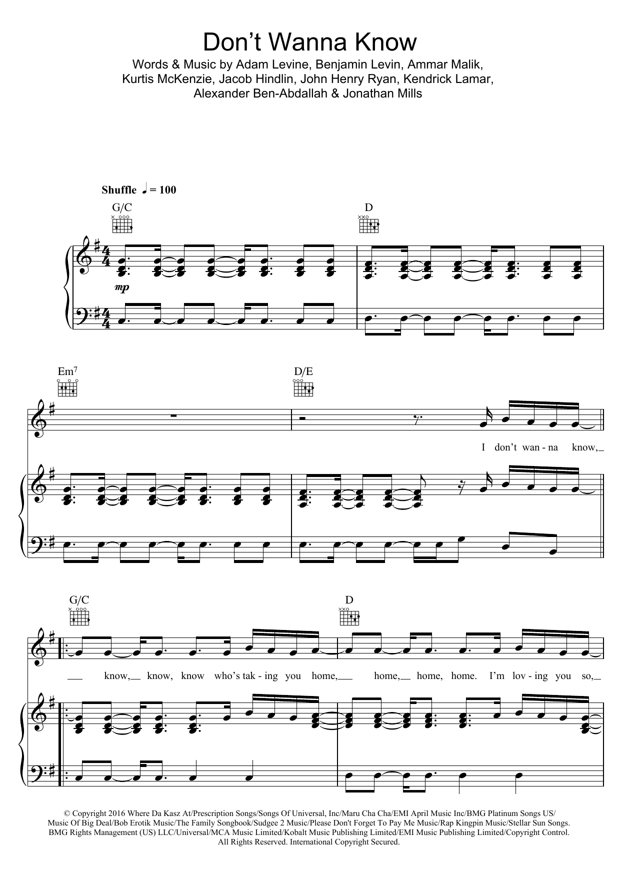 Maroon 5 Don't Wanna Know sheet music notes and chords arranged for Piano, Vocal & Guitar Chords