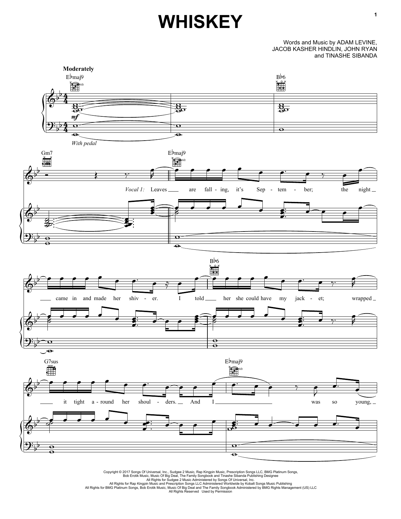 Maroon 5 feat. A$AP Rocky Whiskey sheet music notes and chords arranged for Piano, Vocal & Guitar Chords (Right-Hand Melody)