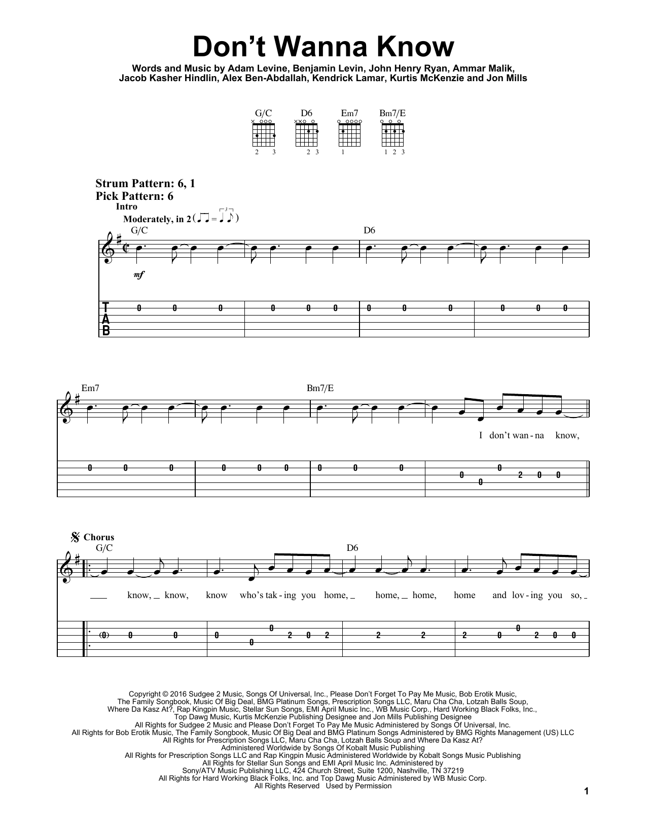 Maroon 5 feat. Kendrick Lamar Don't Wanna Know sheet music notes and chords arranged for Ukulele