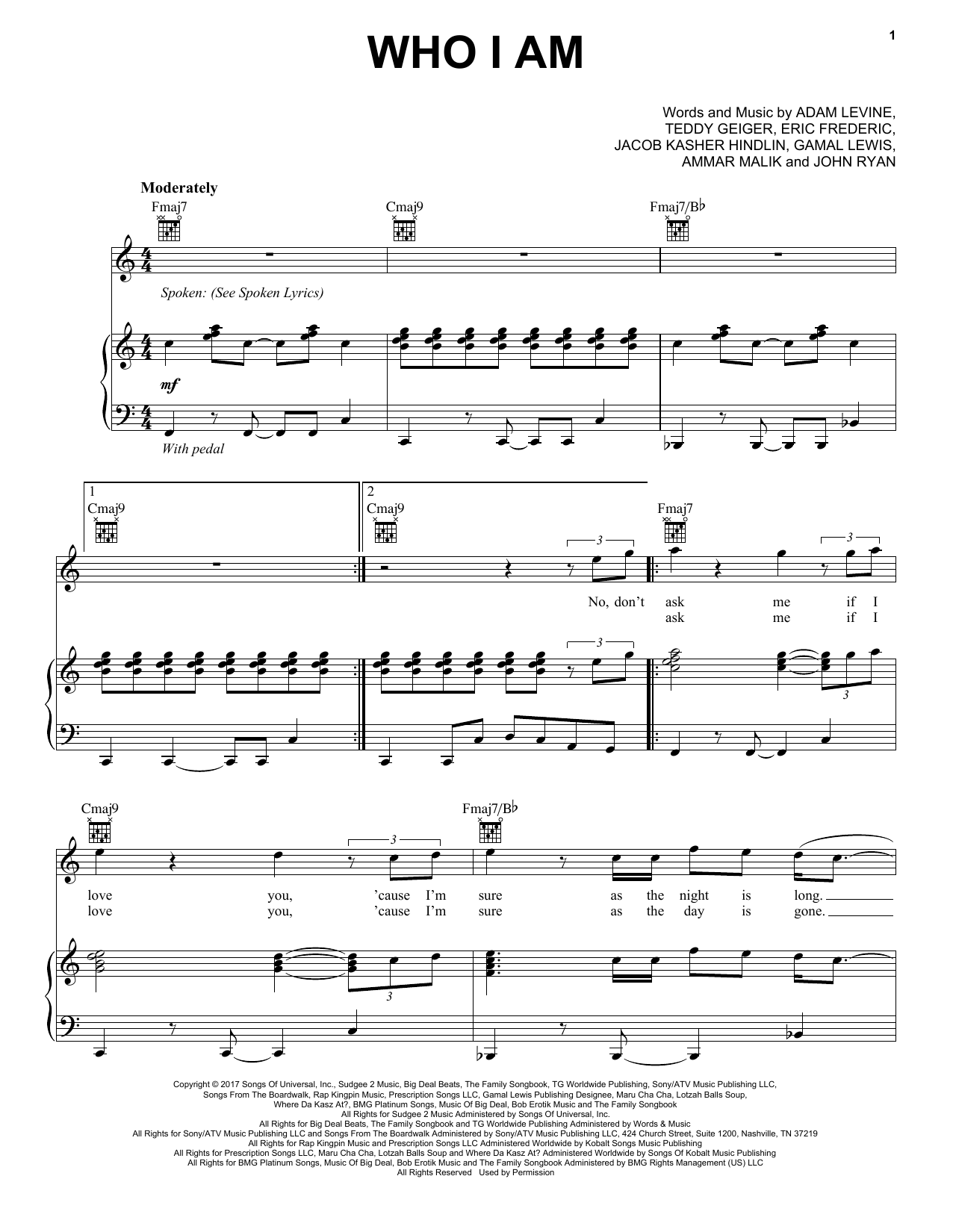 Maroon 5 feat. LunchMoney Lewis Who I Am sheet music notes and chords arranged for Piano, Vocal & Guitar Chords (Right-Hand Melody)