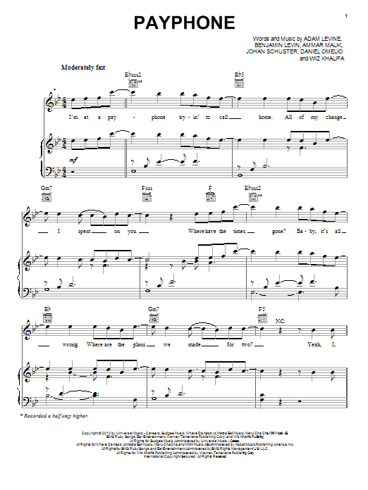 Maroon 5 featuring Wiz Khalifa Payphone sheet music notes and chords arranged for Piano, Vocal & Guitar Chords (Right-Hand Melody)