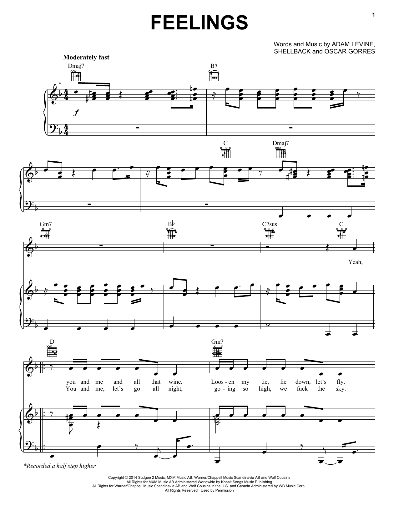 Maroon 5 Feelings sheet music notes and chords arranged for Piano, Vocal & Guitar Chords (Right-Hand Melody)