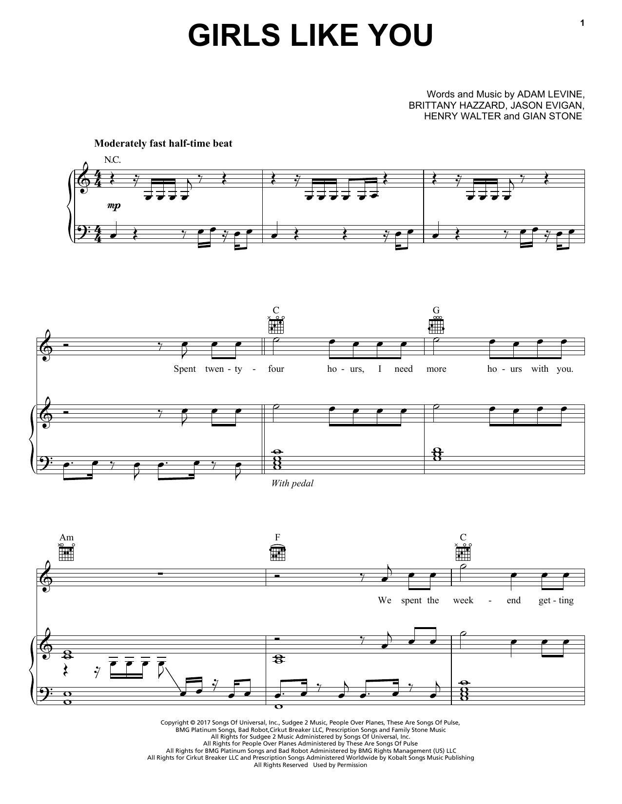 Maroon 5 Girls Like You sheet music notes and chords arranged for Super Easy Piano