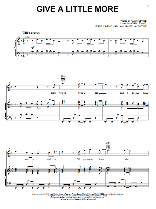 Maroon 5 Give A Little More sheet music notes and chords arranged for Piano, Vocal & Guitar Chords (Right-Hand Melody)