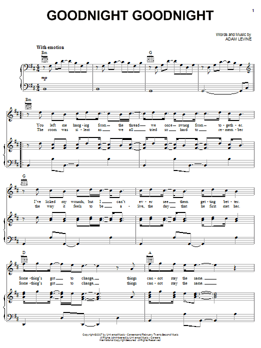 Maroon 5 Goodnight Goodnight sheet music notes and chords arranged for Piano, Vocal & Guitar Chords (Right-Hand Melody)