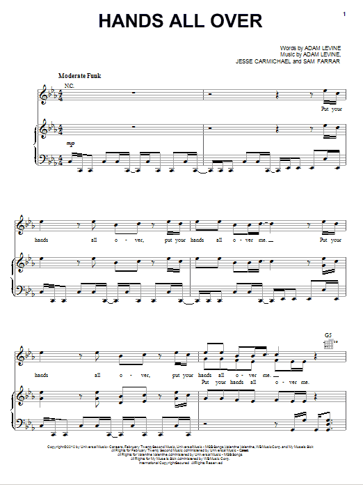 Maroon 5 Hands All Over sheet music notes and chords arranged for Piano, Vocal & Guitar Chords (Right-Hand Melody)