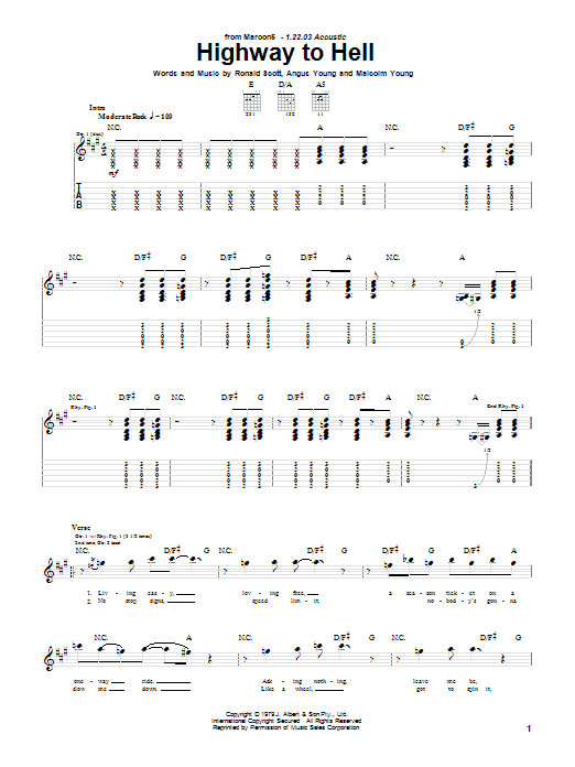 Maroon 5 Highway To Hell sheet music notes and chords arranged for Guitar Tab