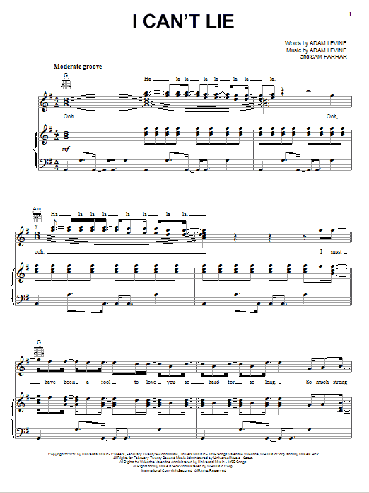 Maroon 5 I Can't Lie sheet music notes and chords arranged for Piano, Vocal & Guitar Chords (Right-Hand Melody)