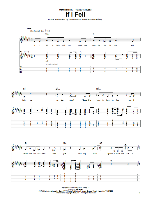 Maroon 5 If I Fell sheet music notes and chords arranged for Guitar Tab