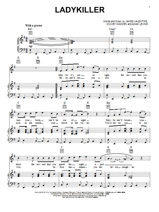 Maroon 5 Ladykiller sheet music notes and chords arranged for Piano, Vocal & Guitar Chords (Right-Hand Melody)