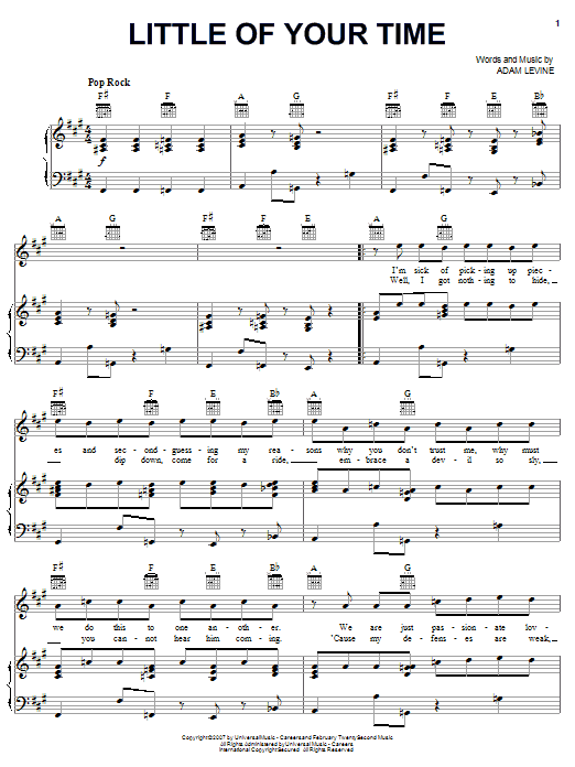 Maroon 5 Little Of Your Time sheet music notes and chords arranged for Piano, Vocal & Guitar Chords (Right-Hand Melody)