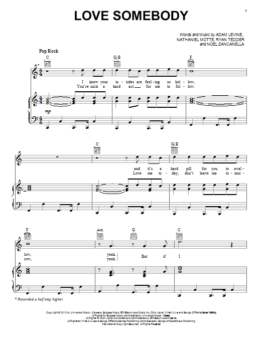 Maroon 5 Love Somebody sheet music notes and chords arranged for Easy Piano