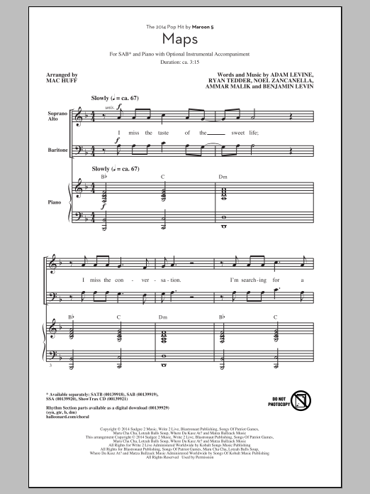Maroon 5 Maps (arr. Mac Huff) sheet music notes and chords arranged for SAB Choir