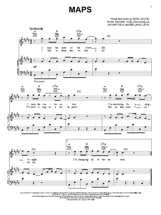 Maroon 5 Maps sheet music notes and chords arranged for Piano, Vocal & Guitar Chords (Right-Hand Melody)