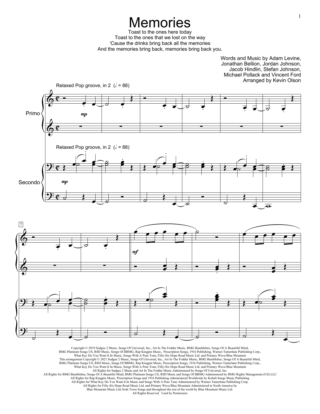 Maroon 5 Memories (arr. Kevin Olson) sheet music notes and chords arranged for Piano Duet