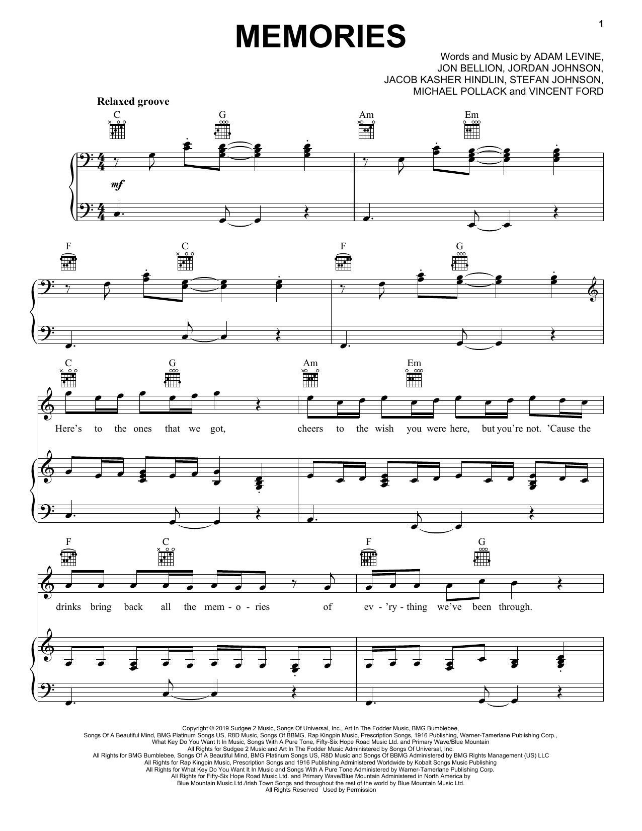Maroon 5 Memories sheet music notes and chords arranged for Lead Sheet / Fake Book