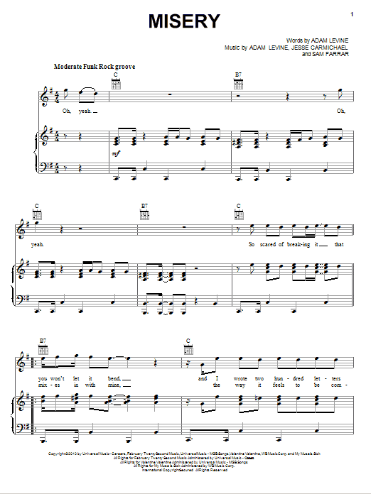 Maroon 5 Misery sheet music notes and chords arranged for Piano, Vocal & Guitar Chords (Right-Hand Melody)