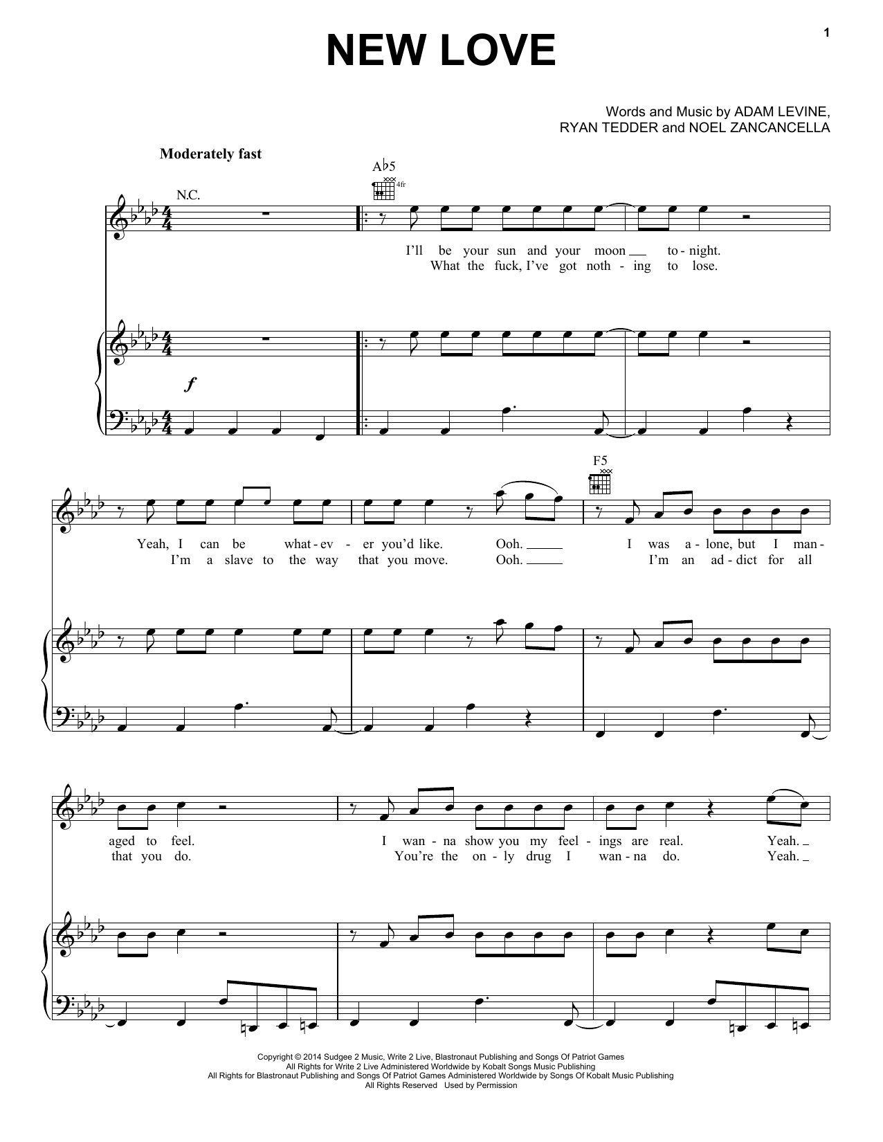 Maroon 5 New Love sheet music notes and chords arranged for Piano, Vocal & Guitar Chords (Right-Hand Melody)