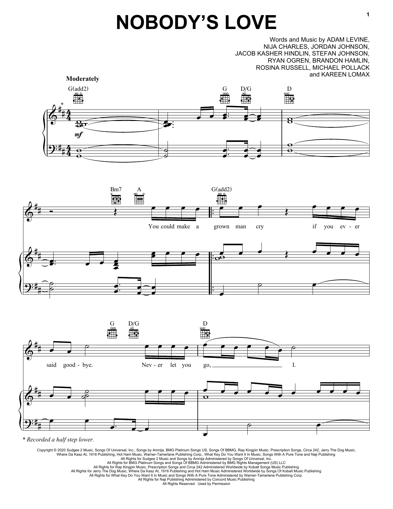 Maroon 5 Nobody's Love sheet music notes and chords arranged for Easy Guitar Tab