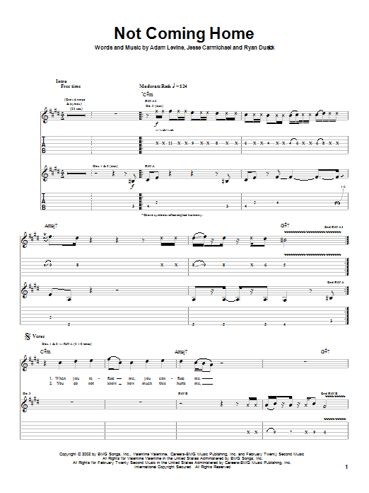Maroon 5 Not Coming Home sheet music notes and chords arranged for Guitar Tab