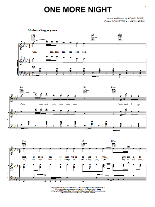 Maroon 5 One More Night sheet music notes and chords arranged for Piano, Vocal & Guitar Chords (Right-Hand Melody)