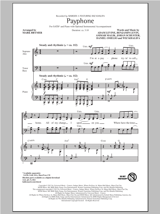 Mark Brymer Payphone sheet music notes and chords arranged for SATB Choir