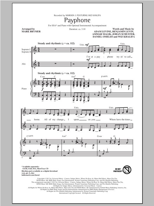 Mark Brymer Payphone sheet music notes and chords arranged for SSA Choir