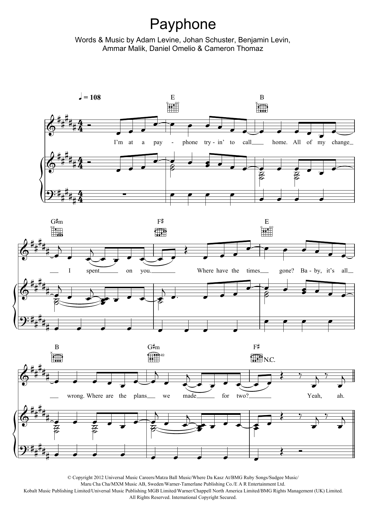 Maroon 5 Payphone (featuring Wiz Khalifa) sheet music notes and chords arranged for Piano, Vocal & Guitar Chords