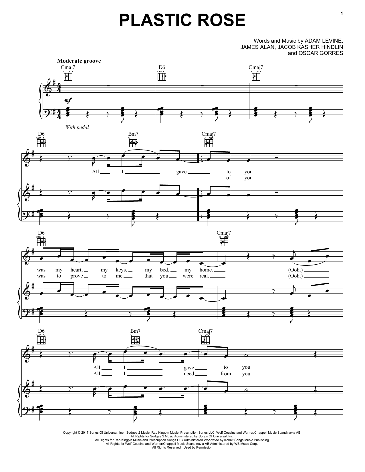 Maroon 5 Plastic Rose sheet music notes and chords arranged for Piano, Vocal & Guitar Chords (Right-Hand Melody)