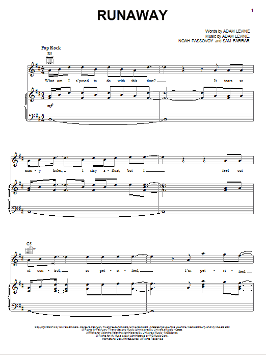 Maroon 5 Runaway sheet music notes and chords arranged for Piano, Vocal & Guitar Chords (Right-Hand Melody)