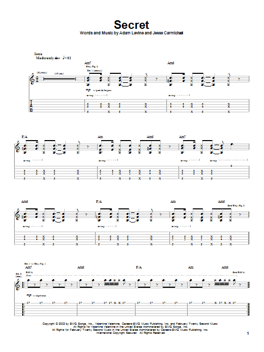 Maroon 5 Secret sheet music notes and chords arranged for Guitar Tab