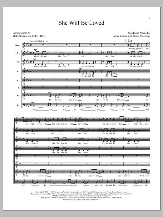 Maroon 5 She Will Be Loved (arr. Deke Sharon) sheet music notes and chords arranged for Choir