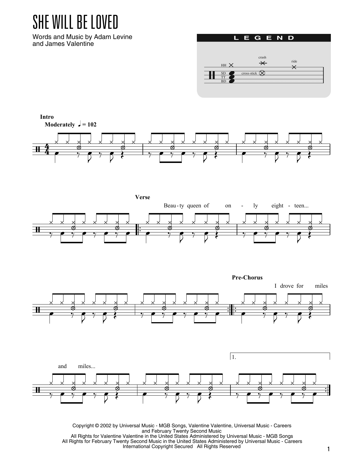 Maroon 5 She Will Be Loved (arr. Kennan Wylie) sheet music notes and chords arranged for Drum Chart