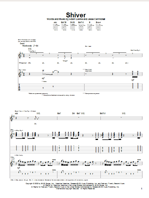 Maroon 5 Shiver sheet music notes and chords arranged for Guitar Tab