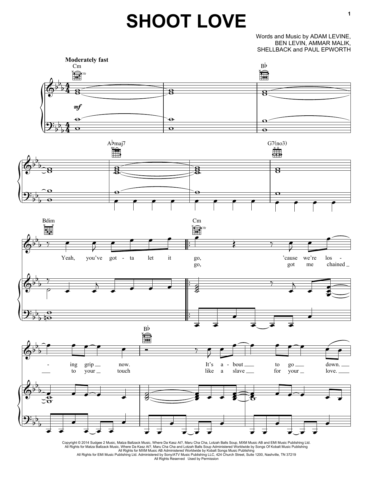 Maroon 5 Shoot Love sheet music notes and chords arranged for Piano, Vocal & Guitar Chords (Right-Hand Melody)