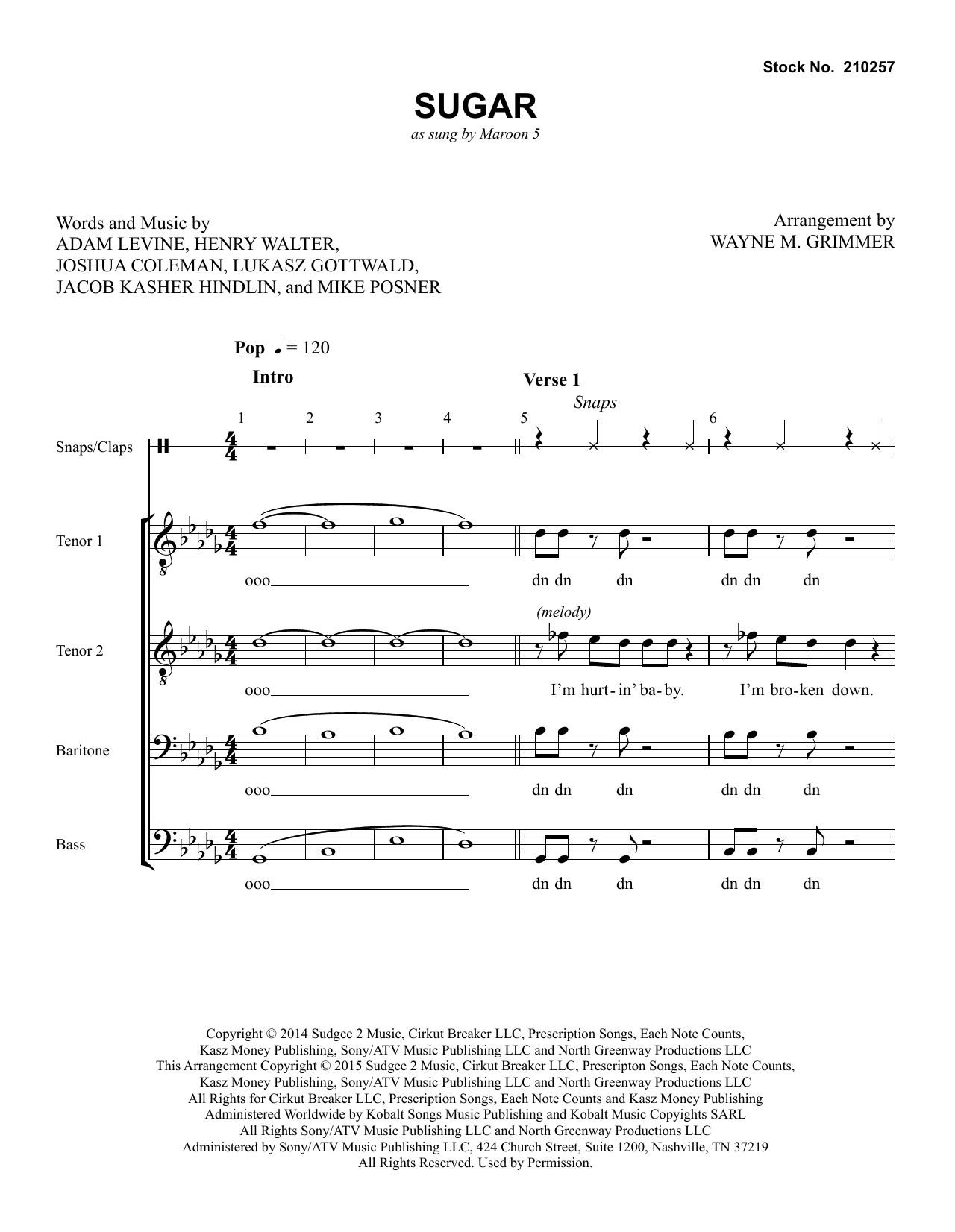 Maroon 5 Sugar (arr. Wayne Grimmer) sheet music notes and chords arranged for SATB Choir