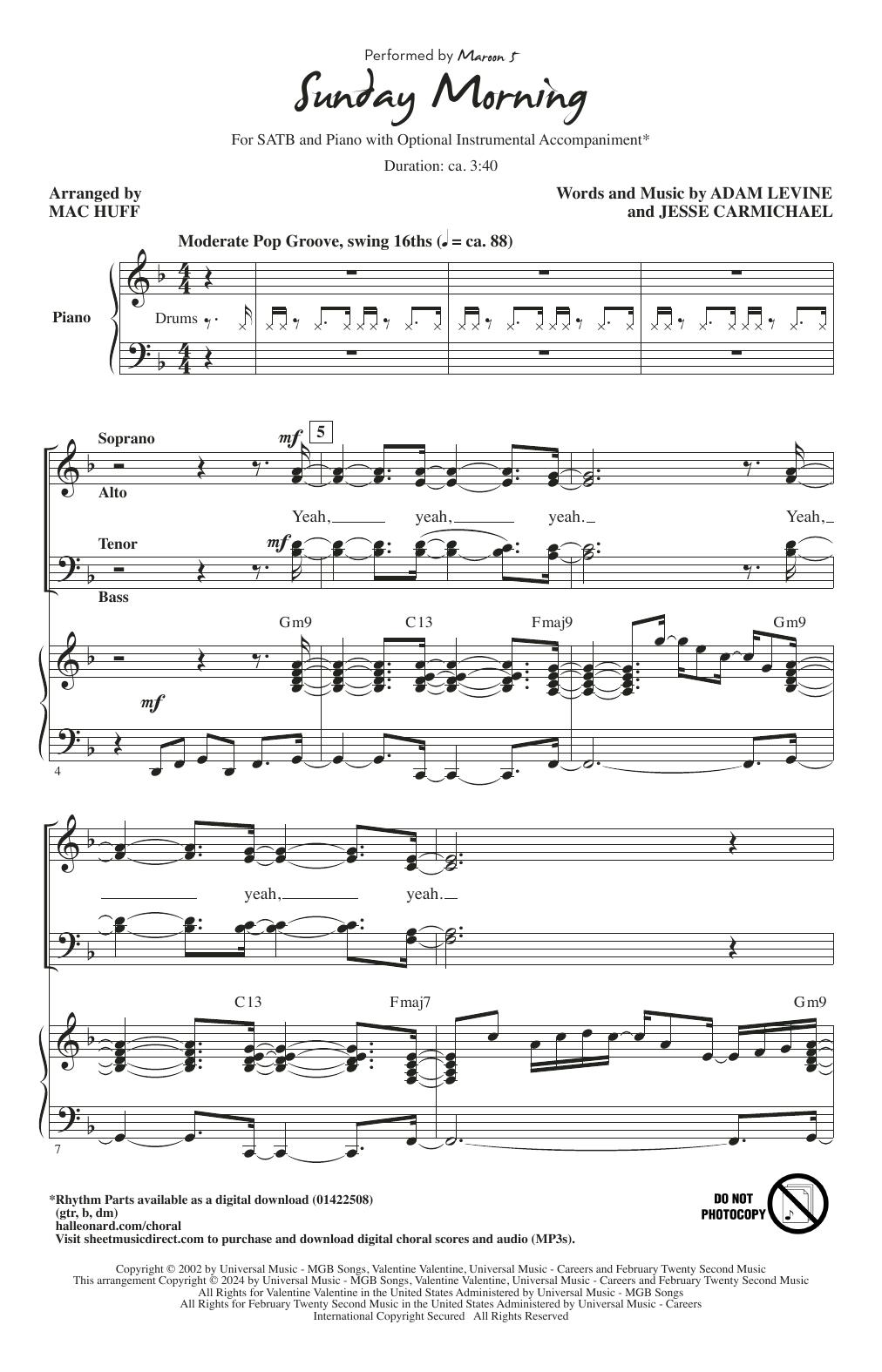 Maroon 5 Sunday Morning (arr. Mac Huff) sheet music notes and chords arranged for SATB Choir