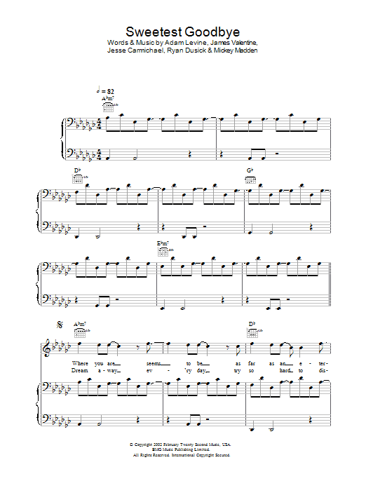 Maroon 5 Sweetest Goodbye sheet music notes and chords arranged for Piano, Vocal & Guitar Chords