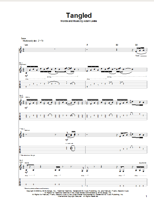 Maroon 5 Tangled sheet music notes and chords arranged for Guitar Tab