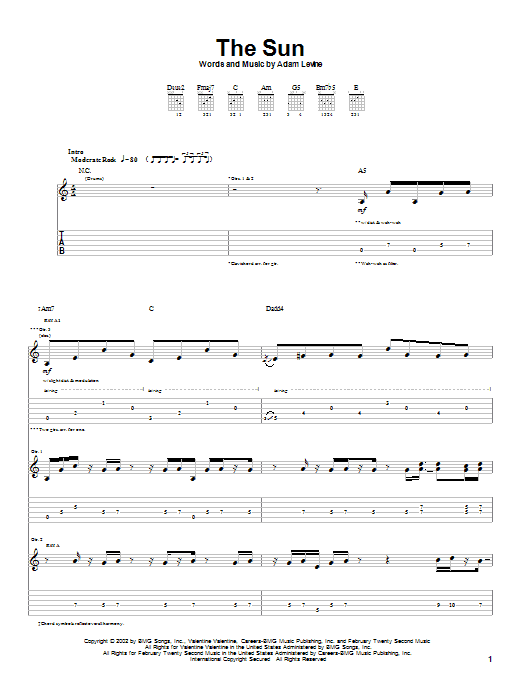 Maroon 5 The Sun sheet music notes and chords arranged for Guitar Tab